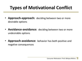 • Approach-approach: deciding between two or more
desirable options
• Avoidance-avoidance: deciding between two or more
undesirable options
• Approach-avoidance: behavior has both positive and
negative consequences
Types of Motivational Conflict
Consumer Motivation I Prof. Abhipsa Mishra
 