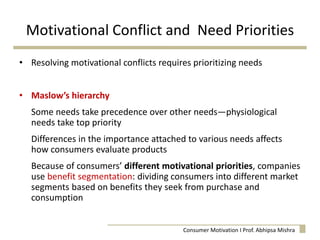 Motivational Conflict and Need Priorities
• Resolving motivational conflicts requires prioritizing needs
• Maslow’s hierarchy
Some needs take precedence over other needs—physiological
needs take top priority
Differences in the importance attached to various needs affects
how consumers evaluate products
Because of consumers’ different motivational priorities, companies
use benefit segmentation: dividing consumers into different market
segments based on benefits they seek from purchase and
consumption
Consumer Motivation I Prof. Abhipsa Mishra
 