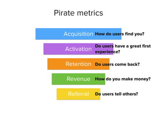 Pirate metrics
Acquisition
Activation
Retention
Revenue
Referral
How do users ﬁnd you?
Do users have a great ﬁrst
experience?
Do users come back?
How do you make money?
Do users tell others?
 