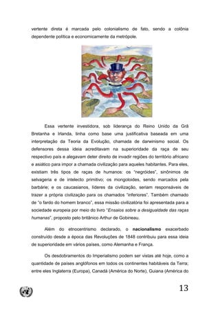 13
vertente direta é marcada pelo colonialismo de fato, sendo a colônia
dependente política e economicamente da metrópole.
Essa vertente investidora, sob liderança do Reino Unido da Grã
Bretanha e Irlanda, tinha como base uma justificativa baseada em uma
interpretação da Teoria da Evolução, chamada de darwinismo social. Os
defensores dessa ideia acreditavam na superioridade da raça de seu
respectivo país e alegavam deter direito de invadir regiões do território africano
e asiático para impor a chamada civilização para aqueles habitantes. Para eles,
existiam três tipos de raças de humanos: os “negróides”, sinônimos de
selvageria e de intelecto primitivo; os mongoloides, sendo marcados pela
barbárie; e os caucasianos, líderes da civilização, seriam responsáveis de
trazer a própria civilização para os chamados “inferiores”. Também chamado
de “o fardo do homem branco”, essa missão civilizatória foi apresentada para a
sociedade europeia por meio do livro “Ensaios sobre a desigualdade das raças
humanas”, proposto pelo britânico Arthur de Gobineau.
Além do etnocentrismo declarado, o nacionalismo exacerbado
construído desde a época das Revoluções de 1848 contribuiu para essa ideia
de superioridade em vários países, como Alemanha e França.
Os desdobramentos do Imperialismo podem ser vistas até hoje, como a
quantidade de países anglófonos em todos os continentes habitáveis da Terra;
entre eles Inglaterra (Europa), Canadá (América do Norte), Guiana (América do
 