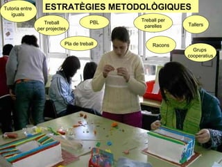 ESTRATÈGIES METODOLÒGIQUES Tutoria entre  iguals  Treball per projectes Pla de treball Racons Grups  cooperatius Tallers Treball per parelles PBL 