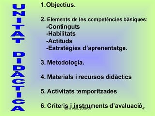 Objectius. 2.  Elements de les competències bàsiques: -Continguts -Habilitats -Actituds -Estratègies d’aprenentatge. 3. Metodologia.  4. Materials i recursos didàctics 5. Activitats temporitzades 6. Criteris i instruments d’avaluació   U N I T A T D I D À C T I C A 