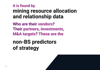vii
It is found by
mining resource allocation
and relationship data
Who are their vendors?
Their partners, investments,
M&A targets? These are the
non-BS predictors
of strategy
 