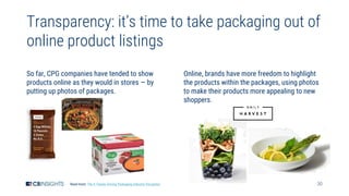 30
Transparency: it’s time to take packaging out of
online product listings
So far, CPG companies have tended to show
products online as they would in stores — by
putting up photos of packages.
Online, brands have more freedom to highlight
the products within the packages, using photos
to make their products more appealing to new
shoppers.
Read more: The 4 Trends Driving Packaging Industry Disruption
 