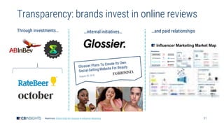 31
Transparency: brands invest in online reviews
Through investments… …internal initiatives… …and paid relationships
Read more: [Client Only] 60+ Startups in Influencer Marketing
 