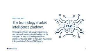 4
W H O W E A R E
The technology market
intelligence platform.
CB Insights software lets you predict, discuss,
and communicate emerging technology trends
using data in ways that are beyond human
cognition. We are a leader in the Expert Automation
& Augmentation Software (EAAS) space.
 