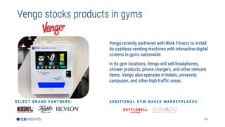 40
Vengo stocks products in gyms
Vengo recently partnered with Blink Fitness to install
its cashless vending machines with interactive digital
screens in gyms nationwide.
In its gym locations, Vengo will sell headphones,
shower products, phone chargers, and other relevant
items. Vengo also operates in hotels, university
campuses, and other high-traffic areas.
A D D I T I O N A L G Y M - B A S E D M A R K E T P L A C E S :S E L E C T B R A N D P A R T N E R S :
 