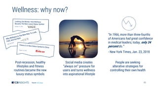 45
Wellness: why now?
Post-recession, healthy
lifestyles and fitness
routines became the new
luxury status symbols
Social media creates
“always on” pressure for
users and turns wellness
into aspirational lifestyle
People are seeking
alterative strategies for
controlling their own health
Source: NYTimes
“In 1966, more than three-fourths
of Americans had great confidence
in medical leaders; today, only 34
percent do.”
- New York Times, Jan. 23, 2018
 