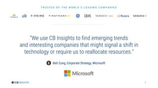 3
T R U S T E D B Y T H E W O R L D ’ S L E A D I N G C O M P A N I E S
“We use CB Insights to find emerging trends
and in...