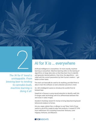 3
AI for X is … everywhere
Artificial intelligence is everywhere. Or more exactly, machine
learning is everywhere. Machine learning refers to the training of
algorithms on large data sets so that they learn how to identify
and generate desired patterns. Over time, the algorithms — pro-
vided with the correct parameters by their human creators — get
better at their tasks.
This tech can basically be used to do anything, provided there is
data to train the software on and a desired outcome in mind.
So: UK’s IntelligentX wants to introduce the world’s first AI-
brewed beer.
DeepFish in Russia is using neural networks to identify, well, fish.
It merges radar technology with AI to differentiate between fish
and noise in radar images.
Sweden’s Hoofstep raised VC money to bring deep learning-based
behavioral analysis to horses.
Are you vegan, gluten-free, or allergic to soy? New York’s Prose
wants to use AI for made-to-order hair products. It raised $7.57M
from well-known VCs including Forerunner Ventures, Lerer
Hippeau Ventures, and Maveron.
2The ‘AI for X’ trend is
unstoppable. From
brewing beer to tending
to cannabis buds,
machine learning is
doing it all.
 