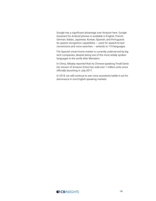 14
Google has a significant advantage over Amazon here. Google
Assistant for Android phones in available in English, French,
German, Italian, Japanese, Korean, Spanish, and Portuguese.
Its speech recognition capabilities — used for speech-to-text
conversions and voice searches — extends to 119 languages.
The Spanish smart home market is currently underserved by big
tech companies, despite being one of the most widely spoken
languages in the world after Mandarin.
In China, Alibaba reported that its Chinese-speaking Tmall Genie
(its version of Amazon Echo) has sold over 1 million units since
officially launching in July 2017.
In 2018, we will continue to see voice assistants battle it out for
dominance in non-English speaking markets.
 