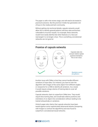 20
The paper is still in the review stage, and will need to be tested in
practical scenarios. But the promise it holds has generated a lot
of buzz in the media and tech community.
Without getting into technical details, capsule networks would
allow AIs to identify general patterns with less data and be less
vulnerable to incorrect results. For example, these networks
would more easily identify that when features on a face are
rearranged it is no longer a face. This is something convolutional
networks are not good at.
Promise of capsule networks
Another issue with CNNs is that they cannot handle different
variations of input data. For instance, you have to train the
algorithm with images of the same object from different angles
or viewpoints for a CNN to identify all variations. As a result,
it would require a large volume of training data to cover all
possible variations.
Capsule networks claim to outperform CNNs here. They would
require less training data, and would take relative positions and
orientation of an object into consideration without needing to be
trained exhaustively on variations.
Hinton’s paper also claims that capsule networks have been
tested against some sophisticated adversarial attacks (tampering
with images to confuse the algorithms) and was found to
outperform convolutional neural networks.
Illustration source:
jhui.github.io
 
