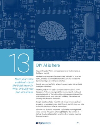 30
DIY AI is here
You don’t need a PhD in computer science or mathematics to
build your own AI.
Between open source software libraries, hundreds of APIs and
SDKs, and easy assembly kits from Amazon and Google, the
barrier to entry is lower than ever before.
Google launched an “AI for all ages” project called AIY (artificial
intelligence yourself).
The first product was a do-it-yourself voice recognition kit for
Raspberry Pi. From making mid-80s intercoms with intelligent
assistants inside of them, to making voice assistants sound like
characters from Dr. Who, users are knocking themselves out
creating new AI-based inventions.
Google also launched a vision kit with neural network software
programs so users can make algorithms to identify dogs and cats,
or to match emotion to facial expressions.
Amazon has launched DeepLens, a $249 deep learning-based
video camera. Amazon is offering $7,500 for the winners of
its first DeepLens hackathon, which involves building machine
learning projects.
Make your voice
assistant sound
like Dalek from Dr.
Who. Or build your
own AI camera.
13
 