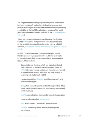 14
The Future According To Andreessen Horowitz
The surge has been driven by digital marketplaces. The investor
has been increasingly bullish here, dedicating numerous blog
posts to exploring the marketplace business model and publishing
a ranked list of the top 100 marketplaces for each of the past 2
years. (You can see our Expert Collection of the 2021 Marketplace
100 here.)
This is not a new area for Andreessen Horowitz. The firm has
backed Airbnb across multiple rounds since its 2011 Series B.
By the time Airbnb went public in December 2020 at a $40.6B
valuation, a16z’s initial stake in the company had grown to a value
of $1B.
In 2021 YTD, a16z has made 19 marketplace deals — more
than the previous 4 years combined — as it looks to diversify
its marketplace portfolio by backing platforms with more niche
focuses. These include:
•	 Dapper Labs and OpenSea, which use blockchain-based
smart contracts to authenticate digital assets known as
NFTs. In the past 5 years, Andreessen Horowitz has invested
in Dapper Labs 6 times — more than any other startup —
beginning with its Series A in 2018.
•	 Live auction platform Whatnot, which has attracted 3 a16z
investments this year.
•	 Otter, which connects parents and childcare providers. It has
raised 3 a16z-backed rounds this year, starting with its seed
round in January.
•	 Neighbor, a marketplace for unused or vacant storage space.
•	 Home rental marketplace Belong Home.
•	 Shef, which connects home chefs with customers.
•	 Maven, a community-driven learning & development
marketplace.
 