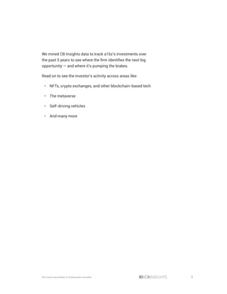 5
The Future According To Andreessen Horowitz
We mined CB Insights data to track a16z’s investments over
the past 5 years to see where the firm identifies the next big
opportunity — and where it’s pumping the brakes.
Read on to see the investor’s activity across areas like:
•	 NFTs, crypto exchanges, and other blockchain-based tech
•	 The metaverse
•	 Self-driving vehicles
•	 And many more
 
