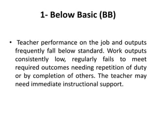 1- Below Basic (BB)
• Teacher performance on the job and outputs
frequently fall below standard. Work outputs
consistently low, regularly fails to meet
required outcomes needing repetition of duty
or by completion of others. The teacher may
need immediate instructional support.

 