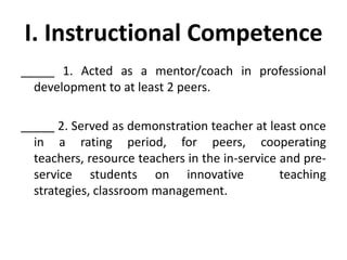 I. Instructional Competence
_____ 1. Acted as a mentor/coach in professional
development to at least 2 peers.
_____ 2. Served as demonstration teacher at least once
in a rating period, for peers, cooperating
teachers, resource teachers in the in-service and preservice students on innovative
teaching
strategies, classroom management.

 