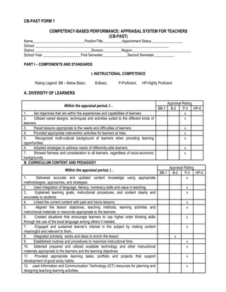 CB-PAST FORM 1

                 COMPETENCY-BASED PERFORMANCE: APPRAISAL SYSTEM FOR TEACHERS
                                         (CB-PAST)
Name                                      PositionTitle            Appointment Status
School
District                                      Division             Region
School Year                            First Semester                 Second Semester

PART I – COMPONENTS AND STANDARDS

                                              I. INSTRUCTIONAL COMPETENCE

       Rating Legend: BB – Below Basic;          B-Basic;        P-Proficient;   HP-Highly Proficient

A. DIVERSITY OF LEARNERS

                                                                                                 Appraisal Rating
                           Within the appraisal period, I…
                                                                                             BB-1 B-2      P-3 HP-4
1.     Set objectives that are within the experiences and capabilities of learners                          x
2.     Utilized varied designs, techniques and activities suited to the different kinds of                  x
learners.
3.     Paced lessons appropriate to the needs and difficulties of learners                                  x
4.     Provided appropriate intervention activities for learners at risks.                                  x
5.      Recognized multi-cultural background of learners when providing learning                            x
opportunities.
6.     Adopted strategies to address needs of differently-able learners.                                    x
7.     Showed fairness and consideration to all learners, regardless of socio-economic                      x
backgrounds.
B. CURRICULUM CONTENT AND PEDAGOGY
                                                                                                    Appraisal Rating
                            Within the appraisal period, I…
                                                                                             BB-1     B-2     P-3 HP-4
1.       Delivered accurate and updated content knowledge using appropriate                                    x
methodologies, approaches, and strategies
2.     Used integration of language, literacy, numeracy skills and value in teaching                        x
3.       Explained learning goals, instructional procedures, and content clearly and                        x
accurately to students
4.     Linked the current content with past and future lessons.                                             x
5.       Aligned the lesson objectives, teaching methods, learning activities and                           x
instructional materials or resources appropriate to the learners.
6.      Created situations that encourage learners to use higher order thinking skills                      x
through the use of the local language among others if needed.
7.      Engaged and sustained learner’s interest in the subject by making content                           x
meaningful and relevant to them.
8.     Integrated scholarly works and ideas to enrich the lesson                                        x
9.     Established routines and procedures to maximize instructional time.                                  x
10. Selected prepared and utilized available technology and other instructional                             x
materials appropriate to the learners and the learning objectives
11.     Provided appropriate learning tasks, portfolio and projects that support                            x
development of good study habits.
12. used Information and Communication Technology (ICT) resources for planning and                          x
designing teaching learning activities.
 