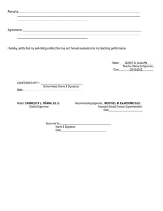 Remarks




Agreements:




I hereby certify that my self-ratings reflect the true and honest evaluation for my teaching performance.



                                                                                            Ratee:     BOYET B. ALUUAN
                                                                                                     Teacher (Name & Signature)
                                                                                             Date:        05-10-2012



        CONFERRED WITH:
                               School Head (Name & Signature)
        Date:



        Noted: CARMELITA L. TIÑANA, Ed. D.                 Recommending Approval: MERTHEL M. EVARDOME Ed.D.
                 District Supervisor                                        Assistant School Division Superintendent
                                                                                  Date



                                 Approved by:
                                        Name & Signature
                                        Date:
 