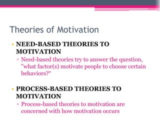 Theories of Motivation
• NEED-BASED THEORIES TO
MOTIVATION
▫ Need-based theories try to answer the question,
"what factor(s) motivate people to choose certain
behaviors?“
• PROCESS-BASED THEORIES TO
MOTIVATION
▫ Process-based theories to motivation are
concerned with how motivation occurs
 