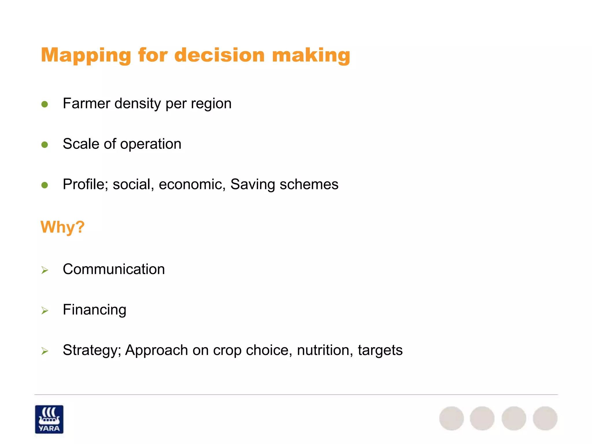  Farmer density per region
Scale of operation
Profile; social, economic, Saving schemes
Why?
Communication
Financing
Strategy; Approach on crop choice, nutrition, targets
Mapping for decision making