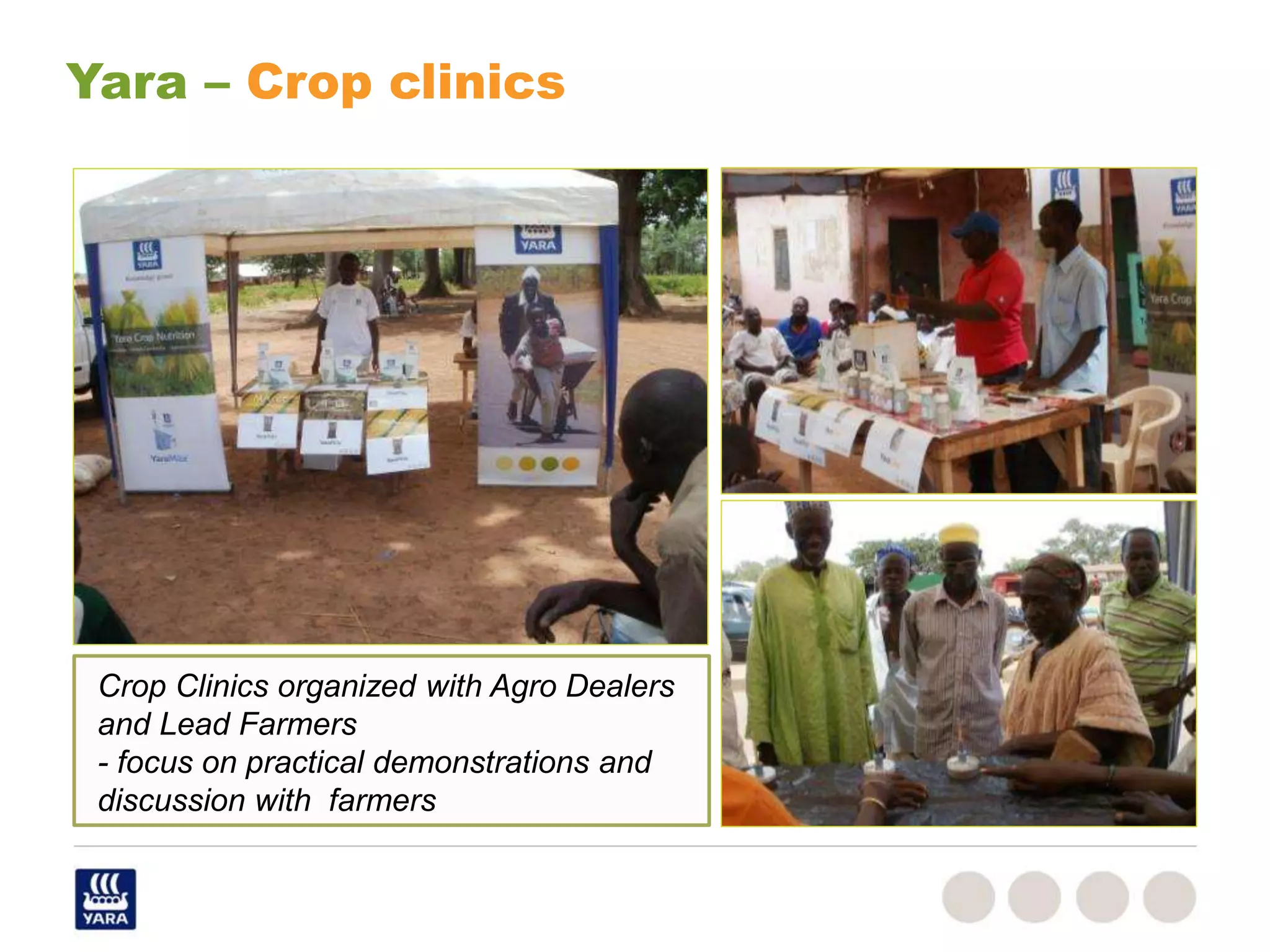 Yara – Crop clinics
Crop Clinics organized with Agro Dealers
and Lead Farmers
- focus on practical demonstrations and
discussion with farmers