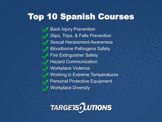 Top 10 Spanish Courses
Back Injury Prevention
Slips, Trips, & Falls Prevention
Sexual Harassment Awareness
Bloodborne Path...