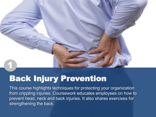 Back Injury Prevention
This course highlights techniques for protecting your organization
from crippling injuries. Coursew...