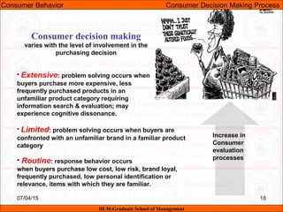 07/04/15 18
Consumer decision making
varies with the level of involvement in the
purchasing decision
• Extensive: problem solving occurs when
buyers purchase more expensive, less
frequently purchased products in an
unfamiliar product category requiring
information search & evaluation; may
experience cognitive dissonance.
• Limited: problem solving occurs when buyers are
confronted with an unfamiliar brand in a familiar product
category
• Routine: response behavior occurs
when buyers purchase low cost, low risk, brand loyal,
frequently purchased, low personal identification or
relevance, items with which they are familiar.
Increase in
Consumer
evaluation
processes
Consumer Behavior Consumer Decision Making Process
IILM-Graduate School of Management
 