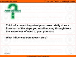 07/04/15 4
• Think of a recent important purchase– briefly draw a
flowchart of the steps you recall moving through from
the awareness of need to post purchase
• What influenced you at each step?
Consumer Behavior Consumer Decision Making Process
IILM-Graduate School of Management
 