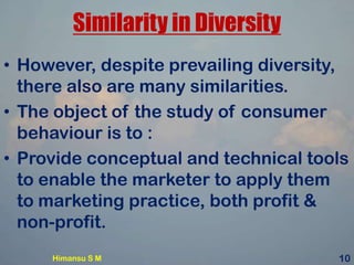 Similarity in Diversity
• However, despite prevailing diversity,
there also are many similarities.
• The object of the study of consumer
behaviour is to :
• Provide conceptual and technical tools
to enable the marketer to apply them
to marketing practice, both profit &
non-profit.
Himansu S M 10
 