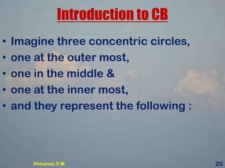 Introduction to CB
• Imagine three concentric circles,
• one at the outer most,
• one in the middle &
• one at the inner most,
• and they represent the following :
Himansu S M 20
 