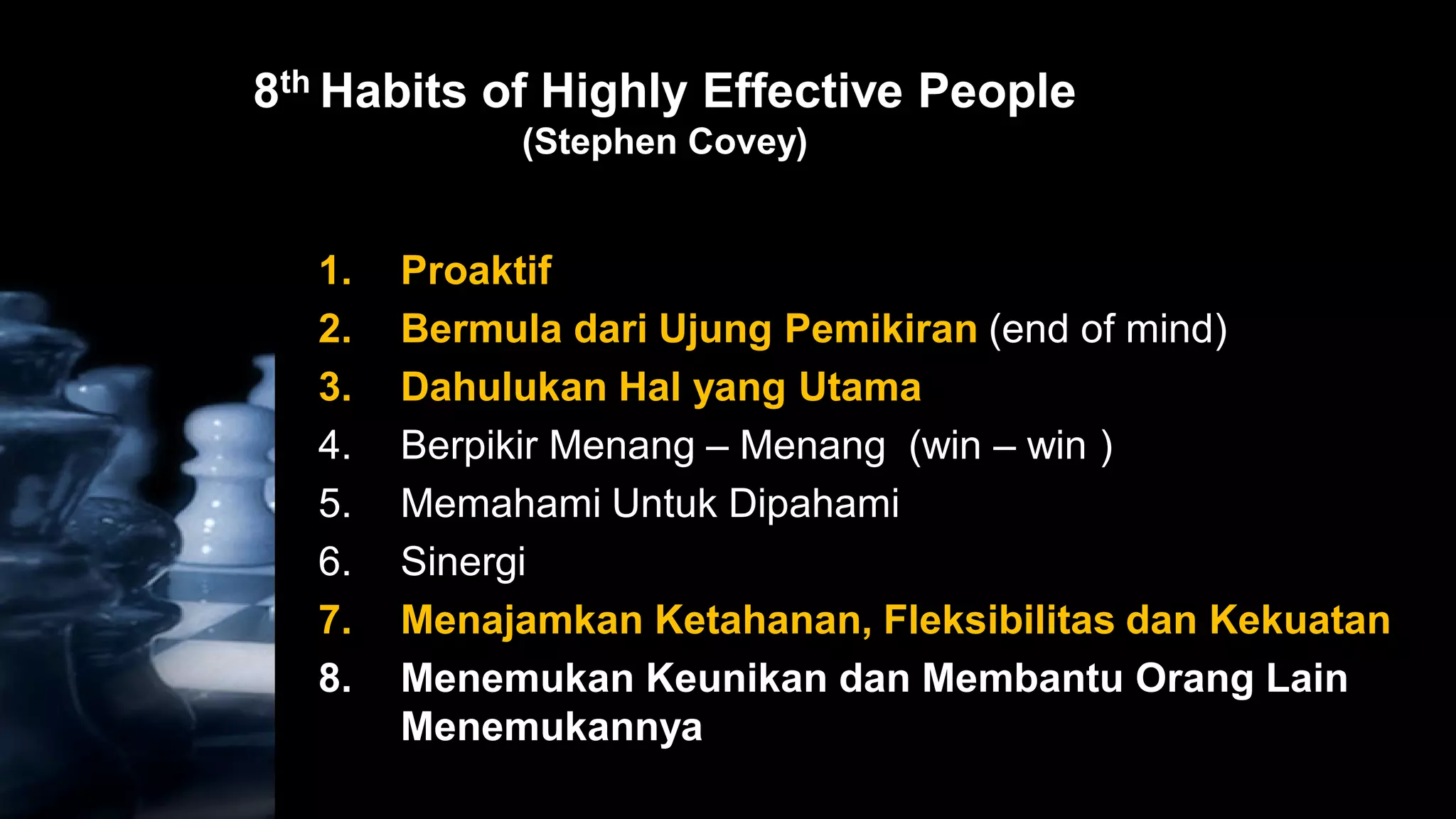 8th Habits of Highly Effective People
            (Stephen Covey)


  1.   Proaktif
  2.   Bermula dari Ujung Pemikiran (end of mind)
  3.   Dahulukan Hal yang Utama
  4.   Berpikir Menang – Menang (win – win )
  5.   Memahami Untuk Dipahami
  6.   Sinergi
  7.   Menajamkan Ketahanan, Fleksibilitas dan Kekuatan
  8.   Menemukan Keunikan dan Membantu Orang Lain
       Menemukannya
 