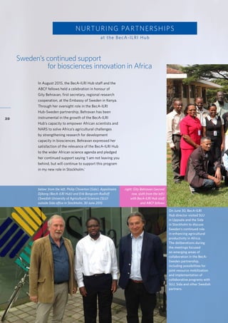 Accelerating research for development impact through partnerships
20
On June 30, BecA-ILRI
Hub director visited SLU
in Uppsala and the Sida
in Stockholm to discuss
Sweden’s continued role
in enhancing agricultural
productivity in Africa.
The deliberations during
the meetings focused
on emerging areas of
collaboration in the BecA-
Sweden partnership,
including possibilities for
joint resource mobilization
and implementation of
collaborative programs with
SLU, Sida and other Swedish
partners.
below: from the left, Philip Chiverton (Sida), Appolinaire
Djikeng (BecA-ILRI Hub) and Erik Bongcam-Rudloff
(Swedish University of Agricultural Sciences (SLU)
outside Sida office in Stockholm, 30 June 2015
NURTURING PARTNERSHIPS
at the BecA-ILRI Hub
Sweden’s continued support
for biosciences innovation in Africa
In August 2015, the BecA-ILRI Hub staff and the
ABCF fellows held a celebration in honour of
Gity Behravan, first secretary, regional research
cooperation, at the Embassy of Sweden in Kenya.
Through her oversight role in the BecA-ILRI
Hub-Sweden partnership, Behravan has been
instrumental in the growth of the BecA-ILRI
Hub’s capacity to empower African scientists and
NARS to solve Africa’s agricultural challenges
by strengthening research for development
capacity in biosciences. Behravan expressed her
satisfaction of the relevance of the BecA-ILRI Hub
to the wider African science agenda and pledged
her continued support saying ‘I am not leaving you
behind, but will continue to support this program
in my new role in Stockholm.’
right: Gity Behravan (second
row, sixth from the left)
with BecA-ILRI Hub staff
and ABCF fellows
 