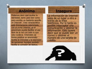 Anónima Insegura
Podemos decir que ocultar la
identidad, tanto para leer como
para escribir, es bastante sencillo
en Internet . Esta característica
está directamente relacionada
con el punto anterior, ya el
anonimato puede facilitar el uso
libre de la red con todo lo que
esto conlleva. Entendido de
forma positiva en anonimato
facilita la intimidad y la expresión
de opiniones. Aunque también
facilita la comisión de delitos.
La información de Internet
viaja de un lugar a otro a
través de la línea
telefónica. Por lo tanto es
posible interceptar una
comunicación y obtener la
información. Esto quiere
decir que se puede leer un
correo o obtener el
número de una tarjeta de
crédito.
 