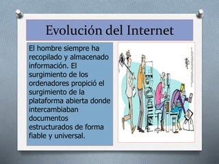 Evolución del Internet
El hombre siempre ha
recopilado y almacenado
información. El
surgimiento de los
ordenadores propició el
surgimiento de la
plataforma abierta donde
intercambiaban
documentos
estructurados de forma
fiable y universal.
 