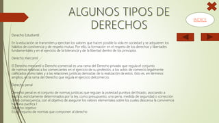 Derecho Estudiantil
En la educación se transmiten y ejercitan los valores que hacen posible la vida en sociedad y se adquieren los
hábitos de convivencia y de respeto mutuo. Por ello, la formación en el respeto de los derechos y libertades
fundamentales y en el ejercicio de la tolerancia y de la libertad dentro de los principios
Derecho mercantil
El Derecho mercantil o Derecho comercial es una rama del Derecho privado que regula el conjunto
de normas relativas a los comerciantes en el ejercicio de su profesión, a los actos de comercio legalmente
calificados como tales y a las relaciones jurídicas derivadas de la realización de estos. Esto es, en términos
amplios, es la rama del Derecho que regula el ejercicio delcomercio.
Derecho penal
Derecho penal es el conjunto de normas jurídicas que regulan la potestad punitiva del Estado, asociando a
hechos, estrictamente determinados por la ley, como presupuesto, una pena, medida de seguridad o corrección
como consecuencia, con el objetivo de asegurar los valores elementales sobre los cuales descansa la convivencia
humana pacífica.1
Derecho objetivo
Es el conjunto de normas que componen al derecho
INDICE
 