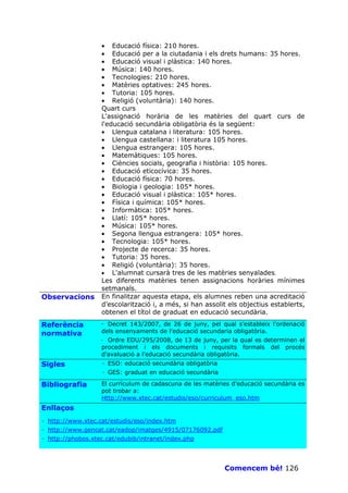 • Educació física: 210 hores.
                   • Educació per a la ciutadania i els drets humans: 35 hores.
                   • Educació visual i plàstica: 140 hores.
                   • Música: 140 hores.
                   • Tecnologies: 210 hores.
                   • Matèries optatives: 245 hores.
                   • Tutoria: 105 hores.
                   • Religió (voluntària): 140 hores.
                   Quart curs
                   L'assignació horària de les matèries del quart curs de
                   l'educació secundària obligatòria és la següent:
                   • Llengua catalana i literatura: 105 hores.
                   • Llengua castellana: i literatura 105 hores.
                   • Llengua estrangera: 105 hores.
                   • Matemàtiques: 105 hores.
                   • Ciències socials, geografia i història: 105 hores.
                   • Educació eticocívica: 35 hores.
                   • Educació física: 70 hores.
                   • Biologia i geologia: 105* hores.
                   • Educació visual i plàstica: 105* hores.
                   • Física i química: 105* hores.
                   • Informàtica: 105* hores.
                   • Llatí: 105* hores.
                   • Música: 105* hores.
                   • Segona llengua estrangera: 105* hores.
                   • Tecnologia: 105* hores.
                   • Projecte de recerca: 35 hores.
                   • Tutoria: 35 hores.
                   • Religió (voluntària): 35 hores.
                   • L'alumnat cursarà tres de les matèries senyalades.
                   Les diferents matèries tenen assignacions horàries mínimes
                   setmanals.
Observacions       En finalitzar aquesta etapa, els alumnes reben una acreditació
                   d’escolarització i, a més, si han assolit els objectius establerts,
                   obtenen el títol de graduat en educació secundària.
Referència         · Decret 143/2007, de 26 de juny, pel qual s'estableix l'ordenació
normativa          dels ensenyaments de l'educació secundaria obligatòria.
                   · Ordre EDU/295/2008, de 13 de juny, per la qual es determinen el
                   procediment i els documents i requisits formals del procés
                   d'avaluació a l'educació secundària obligatòria.
Sigles             · ESO: educació secundària obligatòria
                   · GES: graduat en educació secundària

Bibliografia       El currículum de cadascuna de les matèries d’educació secundària es
                   pot trobar a:
                   Http://www.xtec.cat/estudis/eso/curriculum_eso.htm
Enllaços
· http://www.xtec.cat/estudis/eso/index.htm
· http://www.gencat.cat/eadop/imatges/4915/07176092.pdf
· http://phobos.xtec.cat/edubib/intranet/index.php




                                                            Comencem bé! 126
 