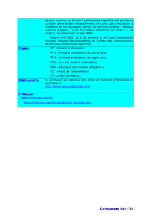 de grau superior de formació professional específica, les proves de
                   caràcter general dels ensenyaments d'esports que condueixen a
                   l'obtenció de les titulacions oficials de tècnic/a d'esport i tècnic/a
                   superior d'esport i a les formacions esportives de nivell 1 i de
                   nivell 3, corresponents a l'any 2009.
                   · Decret 240/2005, de 8 de novembre, pel qual s’estableixen
                   diverses mesures flexibilitzadores de l’oferta dels ensenyaments
                   de formació professional específica
Sigles             ·   FP: formació professional
                   ·   FP-1: formació professional de primer grau
                   ·   FP-2: formació professional de segon grau
                   ·   COU: curs d’orientació universitària
                   ·   ESO: educació secundària obligatòria
                   ·   UC: unitat de competència
                   ·   UF: unitat formativa
Bibliografia       El currículum de cadascun dels cicles de formació professional es
                   pot trobar a:
                   http://www.xtec.cat/fp/index.htm


Enllaços
· http://www.xtec.cat/fp/
·   http://www.xtec.net/estudis/fp/nova_fp/index.htm




                                                              Comencem bé! 134
 