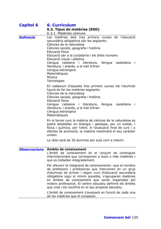 Capítol 6      6. Currículum
               6.3. Tipus de matèries (ESO)
               6.3.1. Matèries comuns
Definició      Les matèries dels tres primers cursos de l'educació
               secundària obligatòria són les següents:
               Ciències de la naturalesa
               Ciències socials, geografia i història
               Educació física
               Educació per a la ciutadania i els drets humans
               Educació visual i plàstica
               Llengua catalana i literatura, llengua castellana i
               literatura, i aranès, a la Vall d'Aran
               Llengua estrangera
               Matemàtiques
               Música
               Tecnologies
               En cadascun d'aquests tres primers cursos tot l'alumnat
               haurà de fer les matèries següents:
               Ciències de la naturalesa
               Ciències socials, geografia i història
               Educació física
               Llengua catalana i literatura, llengua castellana i
               literatura, i aranès, a la Vall d'Aran
               Llengua estrangera
               Matemàtiques
               En el tercer curs la matèria de ciències de la naturalesa es
               podrà desdoblar en biologia i geologia, per un costat, i
               física i química, per l'altre. A l'avaluació final de curs i a
               efectes de promoció, la matèria mantindrà el seu caràcter
               unitari.
               La ràtio serà de 30 alumnes per aula com a màxim.


Observacions   Àmbits de coneixement
               L'àmbit de coneixement és el conjunt de continguts
               interrelacionats que corresponen a dues o més matèries i
               que es treballen integradament.
               Per afavorir la integració de coneixements i que el nombre
               de professors i professores que intervenen en un grup
               d'alumnes de primer i segon curs d'educació secundària
               obligatòria sigui el mínim possible, s'agruparan matèries
               en àmbits de coneixement que seran impartides pel
               mateix professorat. El centre educatiu definirà els àmbits
               que crea i els recollirà en el seu projecte educatiu.
               L'àmbit de coneixement s'avaluarà en funció de cada una
               de les matèries que el composin.




                                                       Comencem bé! 135
 