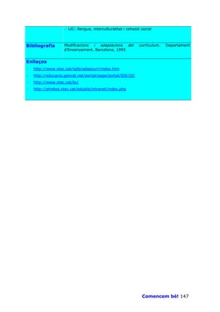 · LIC: llengua, interculturalitat i cohesió social



Bibliografia        Modificacions i adaptacions del            currículum.   Departament
                    d’Ensenyament. Barcelona, 1995


Enllaços
·   http://www.xtec.cat/sgfp/adapcurr/index.htm
·   http://educacio.gencat.net/portal/page/portal/IDE/IIC
·   http://www.xtec.cat/lic/
·   http://phobos.xtec.cat/edubib/intranet/index.php




                                                                Comencem bé! 147
 
