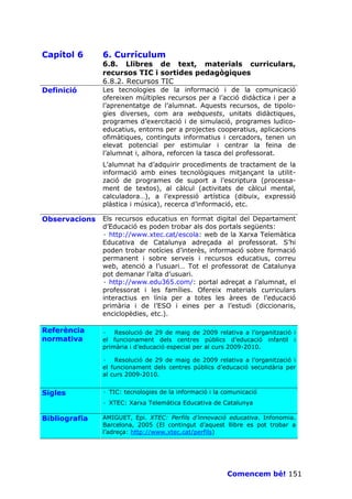 Capítol 6      6. Currículum
               6.8. Llibres de text, materials curriculars,
               recursos TIC i sortides pedagògiques
               6.8.2. Recursos TIC
Definició      Les tecnologies de la informació i de la comunicació
               ofereixen múltiples recursos per a l’acció didàctica i per a
               l’aprenentatge de l’alumnat. Aquests recursos, de tipolo-
               gies diverses, com ara webquests, unitats didàctiques,
               programes d’exercitació i de simulació, programes ludico-
               educatius, entorns per a projectes cooperatius, aplicacions
               ofimàtiques, continguts informatius i cercadors, tenen un
               elevat potencial per estimular i centrar la feina de
               l’alumnat i, alhora, reforcen la tasca del professorat.
               L’alumnat ha d’adquirir procediments de tractament de la
               informació amb eines tecnològiques mitjançant la utilit-
               zació de programes de suport a l’escriptura (processa-
               ment de textos), al càlcul (activitats de càlcul mental,
               calculadora…), a l’expressió artística (dibuix, expressió
               plàstica i música), recerca d’informació, etc.

Observacions   Els recursos educatius en format digital del Departament
               d’Educació es poden trobar als dos portals següents:
               · http://www.xtec.cat/escola: web de la Xarxa Telemàtica
               Educativa de Catalunya adreçada al professorat. S’hi
               poden trobar notícies d’interès, informació sobre formació
               permanent i sobre serveis i recursos educatius, correu
               web, atenció a l’usuari… Tot el professorat de Catalunya
               pot demanar l’alta d’usuari.
               · http://www.edu365.com/: portal adreçat a l’alumnat, el
               professorat i les famílies. Ofereix materials curriculars
               interactius en línia per a totes les àrees de l’educació
               primària i de l’ESO i eines per a l’estudi (diccionaris,
               enciclopèdies, etc.).

Referència     · Resolució de 29 de maig de 2009 relativa a l’organització i
normativa      el funcionament dels centres públics d’educació infantil i
               primària i d’educació especial per al curs 2009-2010.

               · Resolució de 29 de maig de 2009 relativa a l’organització i
               el funcionament dels centres públics d’educació secundària per
               al curs 2009-2010.


Sigles         · TIC: tecnologies de la informació i la comunicació
               · XTEC: Xarxa Telemàtica Educativa de Catalunya

Bibliografia   AMIGUET, Epi. XTEC: Perfils d’innovació educativa. Infonomia.
               Barcelona, 2005 (El contingut d’aquest llibre es pot trobar a
               l’adreça: http://www.xtec.cat/perfils)




                                                        Comencem bé! 151
 