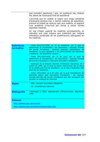 que consideri oportunes i que, en qualsevol cas, tindran
                   lloc abans de l’avaluació final de batxillerat.
                   L’alumnat que en acabar el segon curs tingui pendents
                   d’avaluació positiva tres o menys matèries de batxillerat,
                   prenent el treball de recerca com una matèria, el següent
                   curs acadèmic s’inscriurà per tornar a cursar només
                   aquestes matèries.
                   Un cop s’hagin superat les matèries corresponents, es
                   calcularà una nota mitjana que s’obtindrà per mitjana
                   aritmètica ponderada de les qualificacions obtingudes en
                   les matèries.



Referència         · Ordre EDU/554/2008, de 19 de desembre, per la qual es
normativa          determinen el procediment i els documents i requisits formals
                   del procés d'avaluació i diversos aspectes organitzatius del
                   batxillerat i la seva adaptació a les particularitats del batxillerat
                   a distància i del batxillerat nocturn.
                   · Ordre EDU/295/2008, de 13 de juny, per la qual es
                   determinen el procediment i els documents i requisits formals
                   del procés d'avaluació a l'educació secundària obligatòria.
                   · Resolució de la Direcció General d’Ordenació Educativa, de 7
                   d’abril de 1999, per la qual es donen instruccions per al càlcul
                   de la qualificació final de batxillerat i de la nota d’expedient dels
                   alumnes de batxillerat
                   · Ordre 1923/2003, de 8 de juliol, per la qual s’estableixen els
                   elements bàsics dels documents d’avaluació i els requisits
                   formals derivats del procés d’avaluació que són necessaris per
                   garantir la mobilitat de l’alumnat

Sigles             · ESO: educació secundària obligatòria
                   · Cb: competències bàsiques


Bibliografia       L’avaluació a l’ESO. Departament d’Ensenyament. Barcelona,
                   1996


Enllaços
· http://phobos.xtec.cat/xarxacb
· http://phobos.xtec.cat/edubib/intranet/index.php




                                                               Comencem bé! 157
 