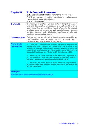 Capítol 8          8. Informació i recursos
                   8.1. Aspectes laborals i referents normatius
                   8.1.3. Actuacions, tràmits i gestions en determinats
                   casos d’accidents o incidents
                   8.1.3.1. Accidents
Definició          El mestre/a o professor/a que estigui dirigint o vigilant
                   una activitat escolar, extraescolar o complementària en la
                   qual tingui lloc un accident, haurà d’atendre la situació
                   produïda amb els mitjans de què pugui disposar, actuant
                   en tot moment amb diligència, conforme a allò que
                   estableix la normativa vigent.
Observacions       Cal que els centres educatius tinguin previst què cal fer en
                   cas d’accident: on cal acudir, a qui cal avisar, etc. i
                   n’informin els docents nous en el centre.
Referència         · Ordre de 13 de novembre de 1989, per la qual s'aproven les
normativa          instruccions que regulen les actuacions, els tràmits i les
                   gestions a realitzar pels centres docents públics de nivell no
                   universitari de Catalunya en determinats casos d'accidents o
                   incidents (Modificada per l’Ordre de 16 d'octubre de 1991)

                   · Resolució de 29 de maig de 2009 relativa a l’organització i
                   el funcionament dels centres públics d’educació infantil i
                   primària i d’educació especial per al curs 2009-2010.

                   · Resolució de 29 de maig de 2009 relativa a l’organització i
                   el funcionament dels centres públics d’educació secundària per
                   al curs 2009-2010.


Enllaços
http://educacio.gencat.net/portal/page/portal/IDE/IIC




                                                           Comencem bé! 171
 