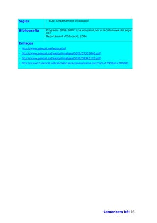 Sigles            · EDU: Departament d’Educació


Bibliografia      Programa 2004-2007. Una educació per a la Catalunya del segle
                  XXI
                  Departament d’Educació, 2004

Enllaços
· http://www.gencat.net/educacio/
· http://www.gencat.cat/eadop/imatges/5028/07333046.pdf
· http://www.gencat.cat/eadop/imatges/5282/08345123.pdf
· http://www10.gencat.net/sac/AppJava/organigrama.jsp?codi=1599&jq=200001




                                                          Comencem bé! 26
 
