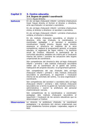 Capítol 3      3. Centre educatiu
               3.4. Òrgans de gestió i coordinació
               3.4.3. Equip directiu
Definició      En els col—legis d’educació infantil i primària d’estructura
               lineal l’equip directiu el formen el director o directora,
               el/la cap d’estudis i el secretari o secretària.
               En els col—legis d’educació infantil i primària d’estructura
               cíclica, el director o directora i el secretari o secretària.
               En els col—legis d’educació infantil i primària d’estructura
               unitària, el director o directora.
               En els instituts d’educació secundària, el director o
               directora, el/la cap d’estudis, la coordinadora o
               coordinador pedagògic i el secretari o secretària
               constitueixen l’equip directiu. Aquest equip directiu
               assessora el director/a en matèries de la seva
               competència, elabora la programació general, el projecte
               educatiu, el reglament de règim interior i la memòria
               anual de l’institut. Afavoreix la participació de la
               comunitat educativa, estableix els criteris per a l’avaluació
               interna del centre i coordina les actuacions dels òrgans
               unipersonals de coordinació.
               Són competències del director/a dels col—legis d’educació
               infantil i primària i dels instituts d’educació secundària
               vetllar per la coordinació de la gestió del centre,
               l’adequació del projecte educatiu i la programació general.
               Són competències del cap d’estudis dels col—legis
               d’educació infantil i primària i dels instituts d’educació
               secundària la planificació, el seguiment i l’avaluació
               interna de les activitats del centre, i la seva organització i
               coordinació.
               Són competències del secretari o secretària dels col—legis
               d’educació infantil i primària i dels instituts d’educació
               secundària dur a terme la gestió de l’activitat econòmica i
               administrativa i exercir la prefectura del personal
               d’administració i serveis.
               Són competències de la coordinadora o coordinador
               pedagògic dels instituts d’educació secundària el
               seguiment i l’avaluació de les accions educatives que es
               desenvolupen a l’institut.
Observacions   La direcció, la prefectura d’estudis, la coordinació
               pedagògica i la secretaria són càrrecs unipersonals que
               tenen establertes funcions pròpies i separades, segons el
               ROC.




                                                        Comencem bé! 43
 