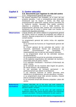 Capítol 3      3. Centre educatiu
               3.5. Documents que regeixen la vida del centre
               3.5.1. Programació general del centre
Definició      Els centres educatius han d’establir, en el marc del seu
               projecte educatiu, i com a conseqüència dels processos
               d’avaluació que es duguin a terme, les fites que
               progressivament esdevenen objecte d’acció prioritària de
               la institució escolar. Aquestes fites poden constituir
               objectius o projectes a curt o mitjà termini. Les
               programacions generals dels centres han d’explicitar les
               actuacions que es duran a terme cada curs escolar en
               relació amb aquestes prioritats.
Observacions   L’equip directiu del centre elabora la programació general
               del centre, tenint en compte les propostes que efectuï el
               claustre. Aquesta programació és avaluada i aprovada pel
               consell escolar.
               La programació general del centre inclou els aspectes
               següents:
                 a) La concreció de funcions en l’organització general del
                 centre.
                 b) L’horari general de les activitats del centre i de
                 l’alumnat, optimitzant l’horari del professorat per
                 atendre      convenientment        les   necessitats        i
                 responsabilitats que es deriven del projecte educatiu.
                 c) La programació anual de les activitats escolars
                 complementàries.
                 d) La programació anual de les activitats extraescolars.
                 e) Els aspectes organitzatius del calendari de reunions i
                 entrevistes amb els pares i mares.
                 f) El calendari d’avaluació i lliurament d’informació als
                 pares i mares.
                 g) El calendari de les reunions dels òrgans de govern,
                 de l’equip directiu i del professorat.
                 h) Les activitats de formació permanent i de
                 perfeccionament que afectin el professorat.
                 i) Les relacions externes al centre previstes amb
                 referència a col—laboracions, serveis educatius i similars.
                 j) La programació anual dels serveis escolars, d’acord
                 amb la normativa d’aplicació.
                 k) La concreció anual dels diversos projectes i plans del
                 centre.

Referència     · Decret 198/1996, de 12 de juny, pel qual s’aprova el
normativa      Reglament orgànic dels centres docents públics que imparteixen
               educació infantil i primària.
               · Decret 199/1996, de 12 de juny, pel qual s’aprova el
               Reglament orgànic dels centres docents públics que imparteixen
               educació secundària i formació professional de grau superior.

               ·   Resolució de 29 de maig de 2009 relativa a l’organització i el



                                                           Comencem bé! 50
 