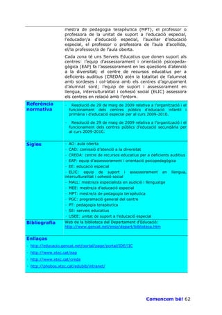 mestra de pedagogia terapèutica (MPT), el professor o
                   professora de la unitat de suport a l’educació especial,
                   l’educador/a d’educació especial, l’auxiliar d’educació
                   especial, el professor o professora de l’aula d’acollida,
                   el/la professor/a de l’aula oberta.
                   Cada zona té uns Serveis Educatius que donen suport als
                   centres: l’equip d’assessorament i orientació psicopeda-
                   gògica (EAP) fa l’assessorament en les qüestions d’atenció
                   a la diversitat; el centre de recursos educatius per a
                   deficients auditius (CREDA) atén la totalitat de l’alumnat
                   amb sordeses i col—labora amb els centres d’agrupament
                   d’alumnat sord; l’equip de suport i assessorament en
                   llengua, interculturalitat i cohesió social (ELIC) assessora
                   els centres en relació amb l’entorn.
Referència         ·    Resolució de 29 de maig de 2009 relativa a l’organització i el
normativa              funcionament dels centres públics d’educació infantil i
                       primària i d’educació especial per al curs 2009-2010.

                   ·    Resolució de 29 de maig de 2009 relativa a l’organització i el
                       funcionament dels centres públics d’educació secundària per
                       al curs 2009-2010.


Sigles             · AO: aula oberta
                   · CAD: comissió d’atenció a la diversitat
                   · CREDA: centre de recursos educatius per a deficients auditius
                   · EAP: equip d’assessorament i orientació psicopedagògica
                   · EE: educació especial
                   · ELIC: equip de suport i            assessorament    en   llengua,
                   interculturalitat i cohesió social
                   · MALL: mestre/a especialista en audició i llenguatge
                   · MEE: mestre/a d’educació especial
                   · MPT: mestre/a de pedagogia terapèutica
                   · PGC: programació general del centre
                   · PT: pedagogia terapèutica
                   · SE: serveis educatius
                   · USEE: unitat de suport a l’educació especial
Bibliografia       Web de la biblioteca del Departament d’Educació:
                   http://www.gencat.net/ense/depart/biblioteca.htm


Enllaços
· http://educacio.gencat.net/portal/page/portal/IDE/IIC

· http://www.xtec.cat/eap
· http://www.xtec.cat/creda
· http://phobos.xtec.cat/edubib/intranet/




                                                                Comencem bé! 62
 