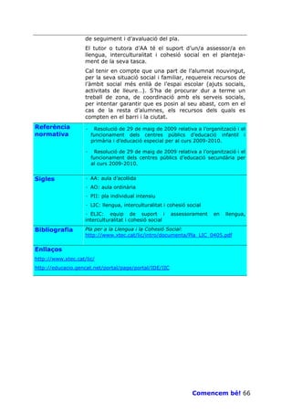 de seguiment i d’avaluació del pla.
                    El tutor o tutora d’AA té el suport d’un/a assessor/a en
                    llengua, interculturalitat i cohesió social en el planteja-
                    ment de la seva tasca.
                    Cal tenir en compte que una part de l’alumnat nouvingut,
                    per la seva situació social i familiar, requereix recursos de
                    l’àmbit social més enllà de l’espai escolar (ajuts socials,
                    activitats de lleure…). S’ha de procurar dur a terme un
                    treball de zona, de coordinació amb els serveis socials,
                    per intentar garantir que es posin al seu abast, com en el
                    cas de la resta d’alumnes, els recursos dels quals es
                    compten en el barri i la ciutat.
Referència          ·    Resolució de 29 de maig de 2009 relativa a l’organització i el
normativa               funcionament dels centres públics d’educació infantil i
                        primària i d’educació especial per al curs 2009-2010.

                    ·    Resolució de 29 de maig de 2009 relativa a l’organització i el
                        funcionament dels centres públics d’educació secundària per
                        al curs 2009-2010.


Sigles              · AA: aula d’acollida
                    · AO: aula ordinària
                    · PII: pla individual intensiu
                    · LIC: llengua, interculturalitat i cohesió social
                    · ELIC: equip de suport i            assessorament    en   llengua,
                    interculturalitat i cohesió social

Bibliografia        Pla per a la Llengua i la Cohesió Social:
                    http://www.xtec.cat/lic/intro/documenta/Pla_LIC_0405.pdf

Enllaços
http://www.xtec.cat/lic/
http://educacio.gencat.net/portal/page/portal/IDE/IIC




                                                                  Comencem bé! 66
 