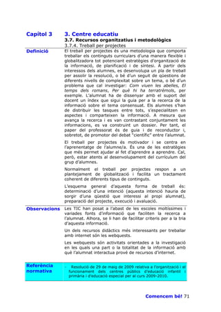Capítol 3      3. Centre educatiu
               3.7. Recursos organitzatius i metodològics
               3.7.4. Treball per projectes
Definició      El treball per projectes és una metodologia que comporta
               treballar els continguts curriculars d’una manera flexible i
               globalitzadora tot potenciant estratègies d’organització de
               la informació, de planificació i de síntesi. A partir dels
               interessos dels alumnes, es desenvolupa un pla de treball
               per assolir la resolució, o bé d’un seguit de qüestions de
               diferents nivells de complexitat sobre un tema, o bé d’un
               problema que cal investigar: Com viuen les abelles, El
               temps dels romans, Per què hi ha terratrèmols, per
               exemple. L’alumnat ha de dissenyar amb el suport del
               docent un índex que sigui la guia per a la recerca de la
               informació sobre el tema consensuat. Els alumnes s’han
               de distribuir les tasques entre tots, s’especialitzen en
               aspectes i comparteixen la informació. A mesura que
               avança la recerca i es van contrastant conjuntament les
               informacions, es va construint un dossier. Per tant, el
               paper del professorat és de guia i de reconductor i,
               sobretot, de promotor del debat “científic” entre l’alumnat.
               El treball per projectes és motivador i se centra en
               l’aprenentatge de l’alumne/a. És una de les estratègies
               que més permet ajudar al fet d’aprendre a aprendre. Cal,
               però, estar atents al desenvolupament del currículum del
               grup d’alumnes.
               Normalment el treball per projectes respon a un
               plantejament de globalització i facilita un tractament
               coherent de diferents tipus de continguts.
               L’esquema general d’aquesta forma de treball és:
               determinació d’una intenció (aquesta intenció hauria de
               sorgir d’una qüestió que interessi al propi alumnat),
               preparació del projecte, execució i avaluació.
Observacions   Les TIC han posat a l’abast de les escoles moltíssimes i
               variades fonts d’informació que faciliten la recerca a
               l’alumnat. Alhora, se li han de facilitar criteris per a la tria
               d’aquesta informació.
               Un dels recursos didàctics més interessants per treballar
               amb internet són les webquests.
               Les webquests són activitats orientades a la investigació
               en les quals una part o la totalitat de la informació amb
               què l’alumnat interactua prové de recursos d’internet.


Referència     ·    Resolució de 29 de maig de 2009 relativa a l’organització i el
normativa          funcionament dels centres públics d’educació infantil i
                   primària i d’educació especial per al curs 2009-2010.




                                                            Comencem bé! 71
 